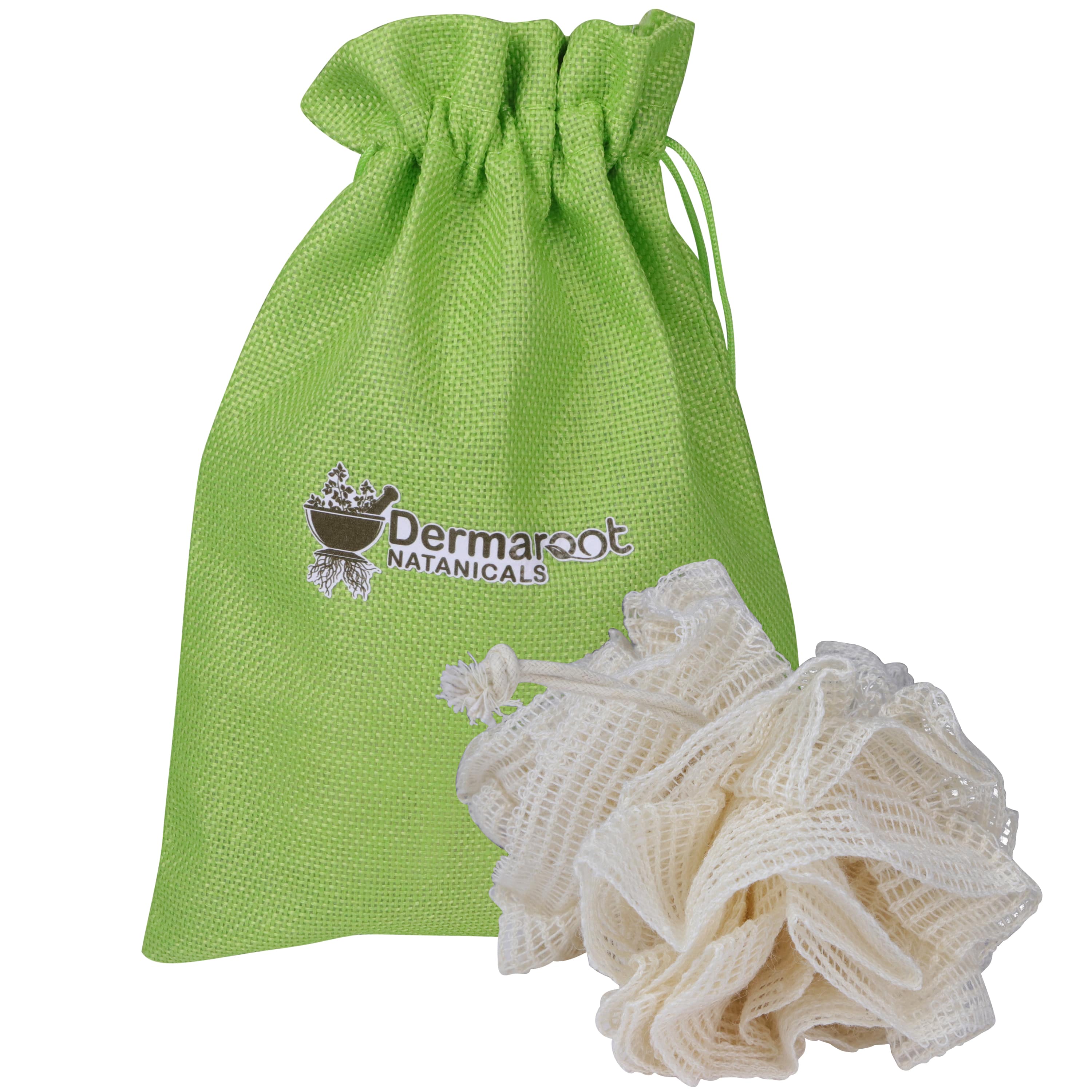 Natural bath sponge with a green drawstring pouch.